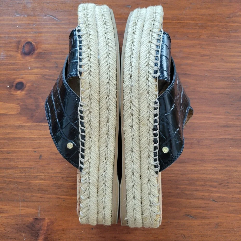 Sam Edelman NATTY Black Croc Embossed Leather Espadrille Platform‎ Slides 7.5M